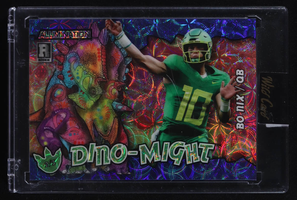 Bo Nix 2023 Wild Card Alumination Dino-Might Triceratops Scope Blue #BN1 RC #2/3 at PristineAuction.com Bo Nix 2023 Wild Card Alumination Dino-Might Triceratops Scope Blue #BN1 RC #2/3 at PristineAuction.com