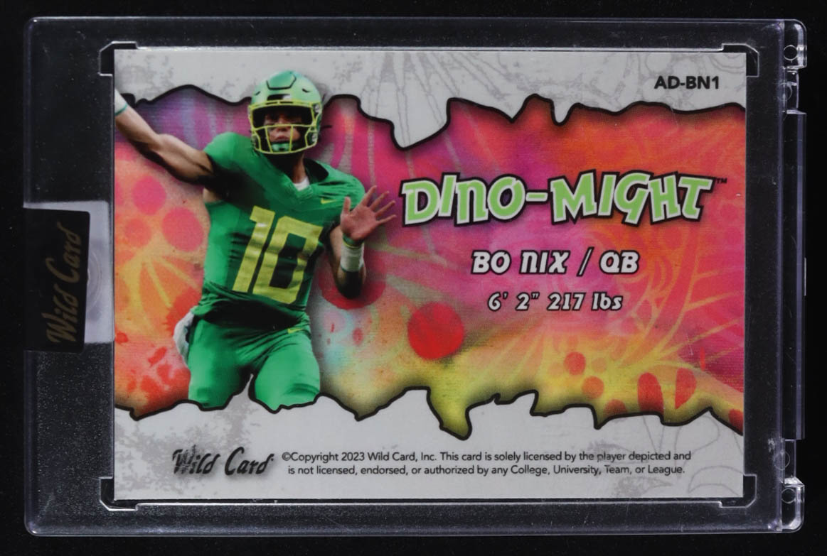 Bo Nix 2023 Wild Card Alumination Dino-Might Triceratops Scope Blue #BN1 RC #2/3 at PristineAuction.com Bo Nix 2023 Wild Card Alumination Dino-Might Triceratops Scope Blue #BN1 RC #2/3 at PristineAuction.com