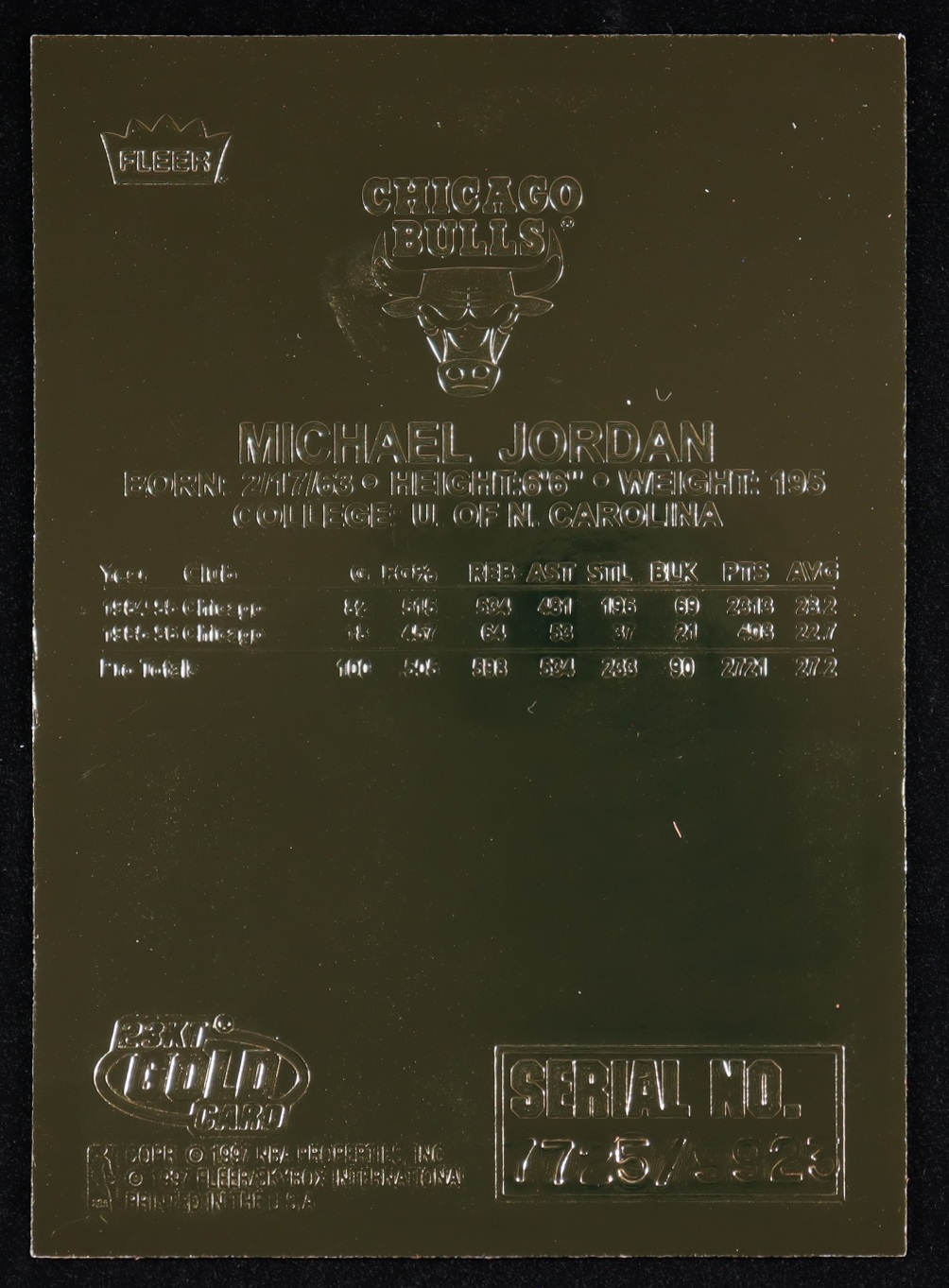 Michael Jordan 1997-98 Fleer 23KT Gold Card #NNO at PristineAuction.com Michael Jordan 1997-98 Fleer 23KT Gold Card #NNO at PristineAuction.com