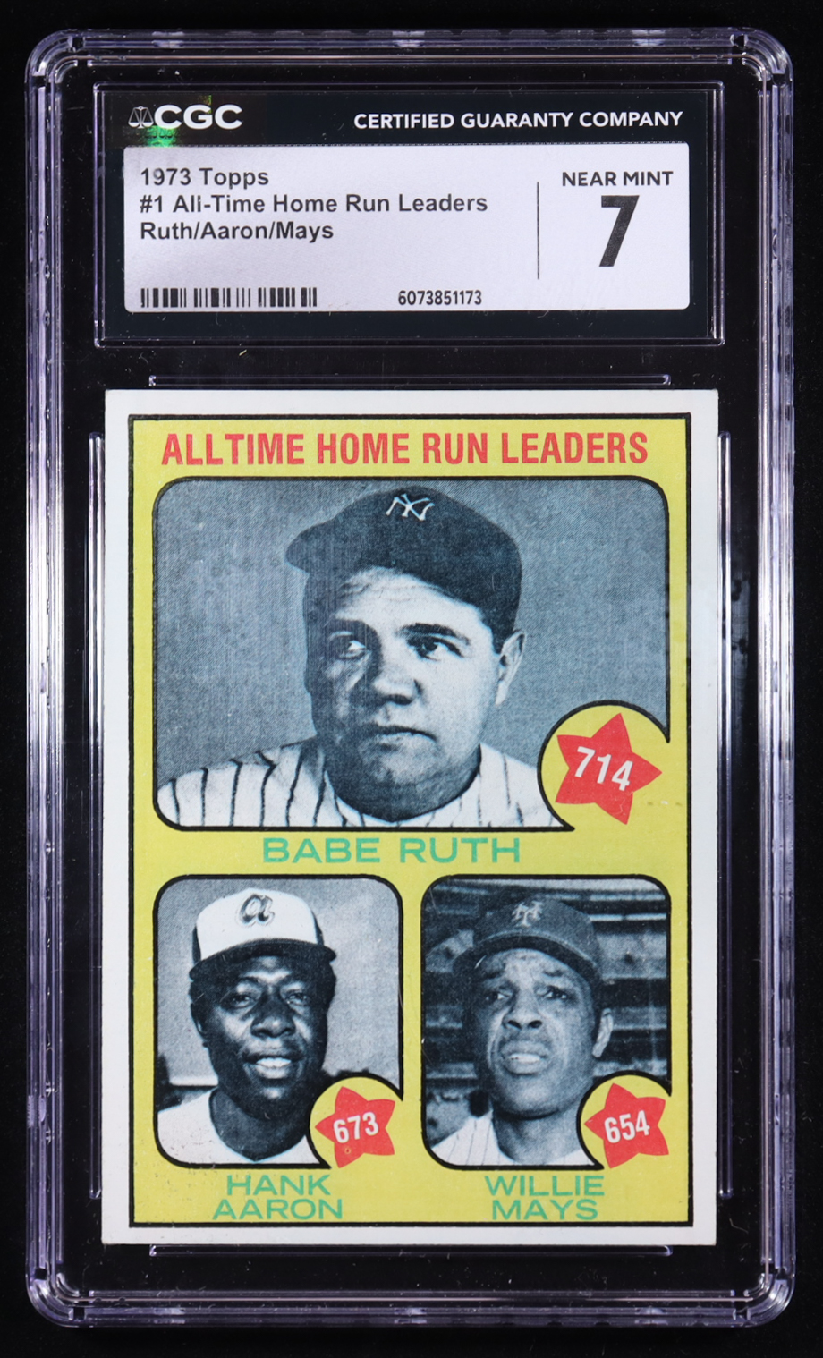 Babe Ruth / Hank Aaron / Willie Mays 1973 Topps #1 / All-Time Home Run Leaders (CGC 7) at PristineAuction.com Babe Ruth / Hank Aaron / Willie Mays 1973 Topps #1 / All-Time Home Run Leaders (CGC 7) at PristineAuction.com