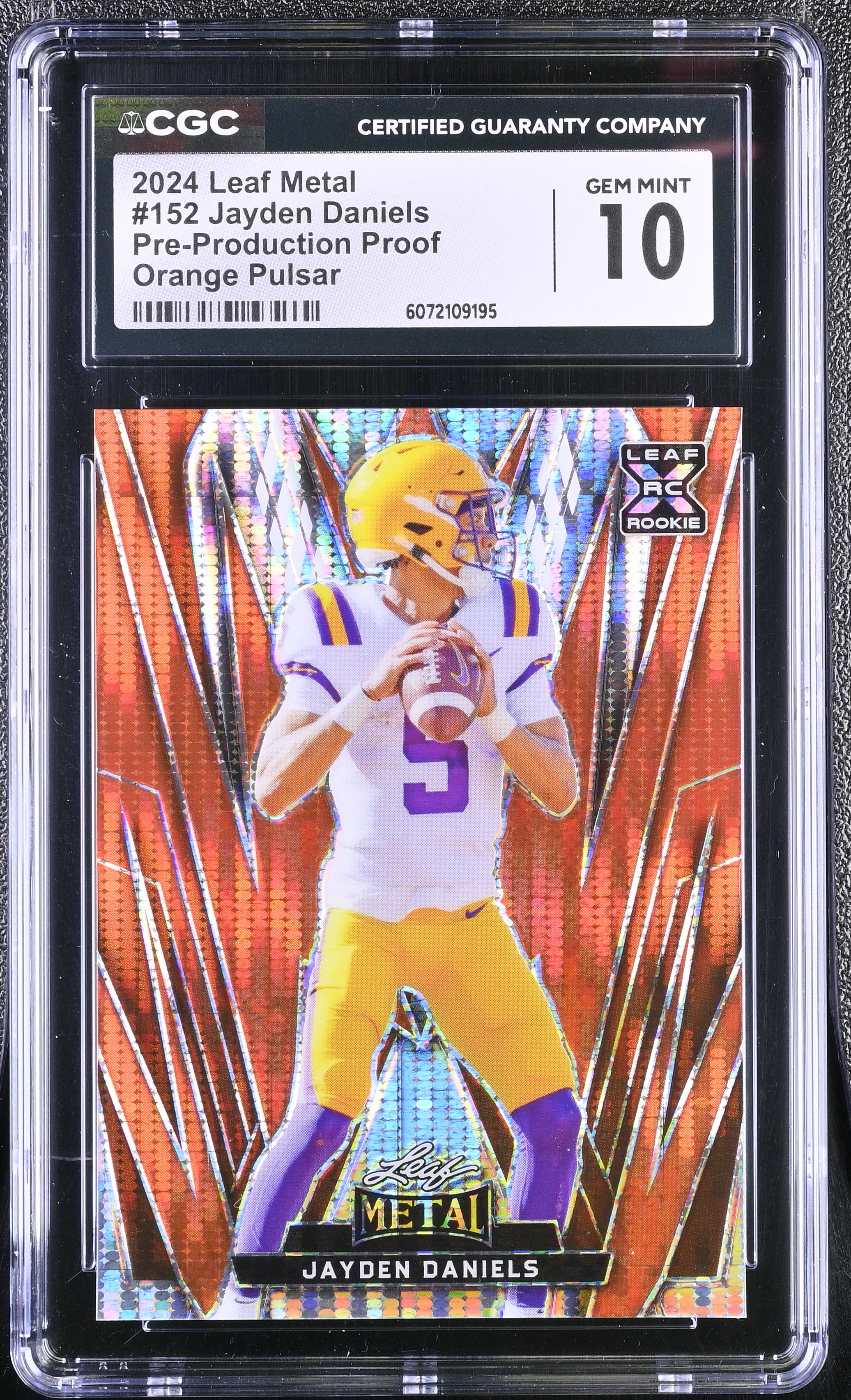 Jayden Daniels 2024 Leaf Metal Pre-Production Proof Orange Pulsar #152 RC #1/1 (CGC 10) at PristineAuction.com Jayden Daniels 2024 Leaf Metal Pre-Production Proof Orange Pulsar #152 RC #1/1 (CGC 10) at PristineAuction.com