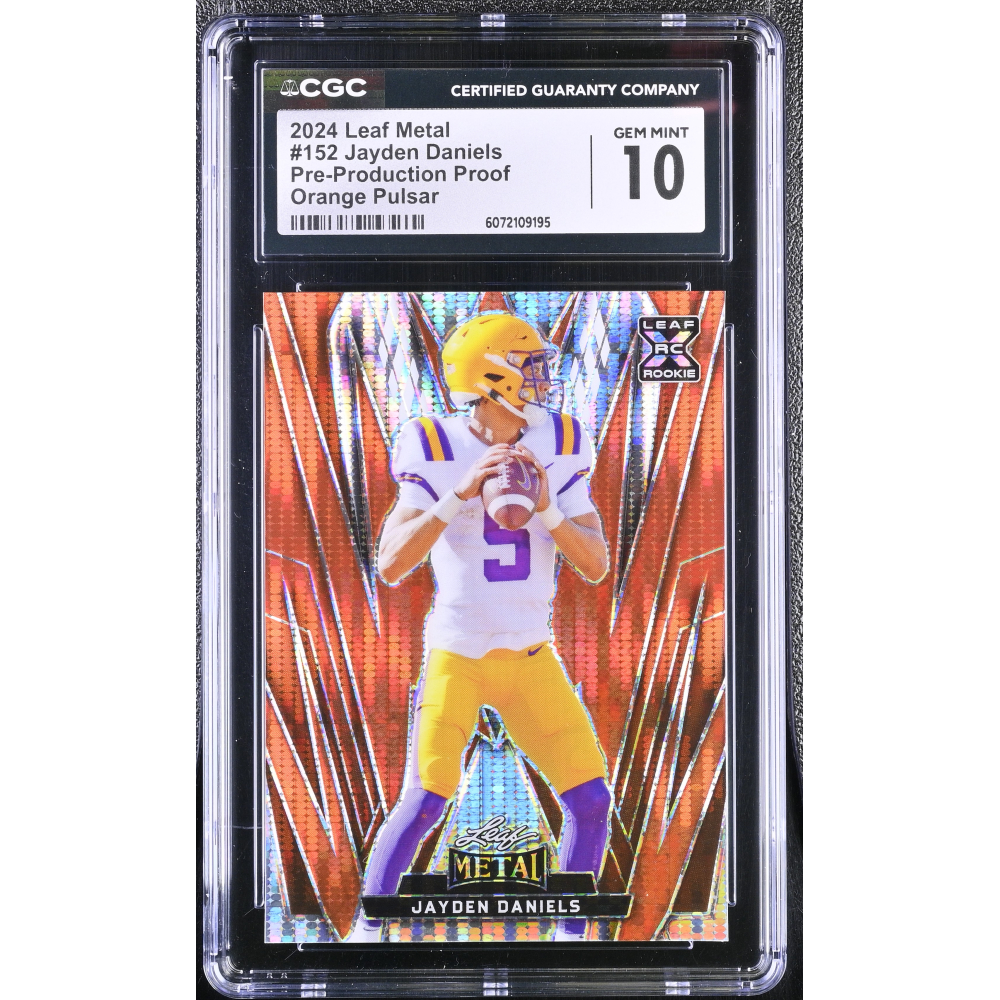Jayden Daniels 2024 Leaf Metal Pre-Production Proof Orange Pulsar #152 RC #1/1 (CGC 10) at PristineAuction.com