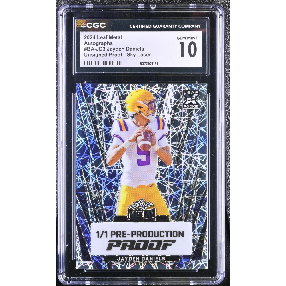 Jayden Daniels 2024 Leaf Metal Autographs Pre-Production Proof Unsigned Proof - Sky Laser #BA-JD3 RC #1/1 (CGC 10) at PristineAuction.com