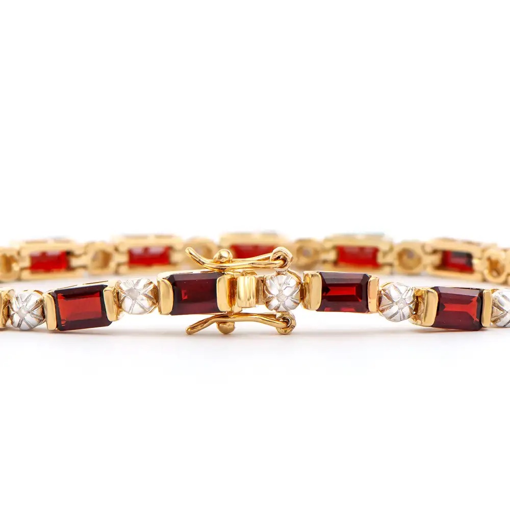 10.18 CTW Natural Garnet & Diamonds 18K Gold Plated Designer Bracelet Size 7.5 Inches | Estimated Value $2,139 (AMG) at PristineAuction.com 10.18 CTW Natural Garnet & Diamonds 18K Gold Plated Designer Bracelet Size 7.5 Inches | Estimated Value $2,139 (AMG) at PristineAuction.com