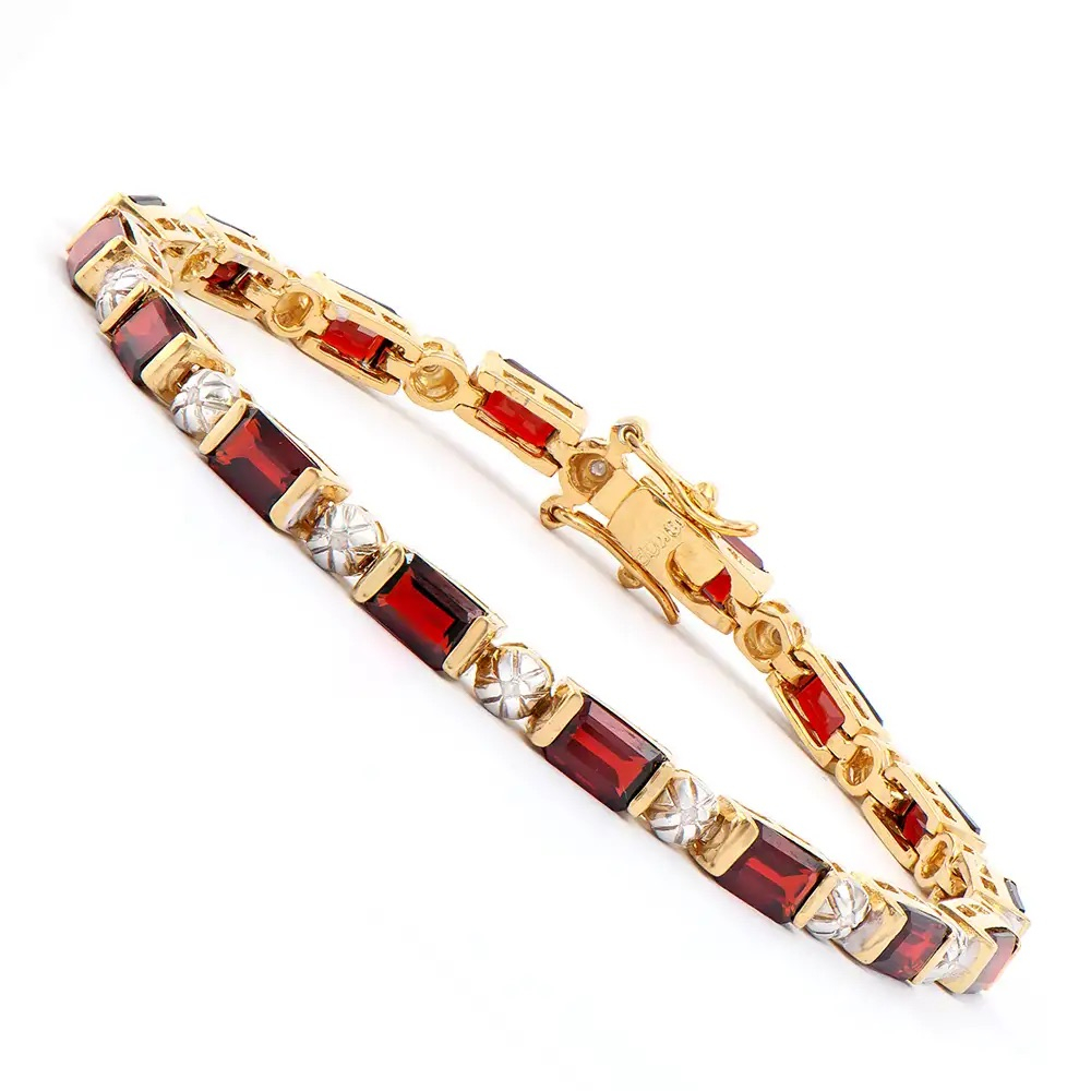 10.18 CTW Natural Garnet & Diamonds 18K Gold Plated Designer Bracelet Size 7.5 Inches | Estimated Value $2,139 (AMG) at PristineAuction.com