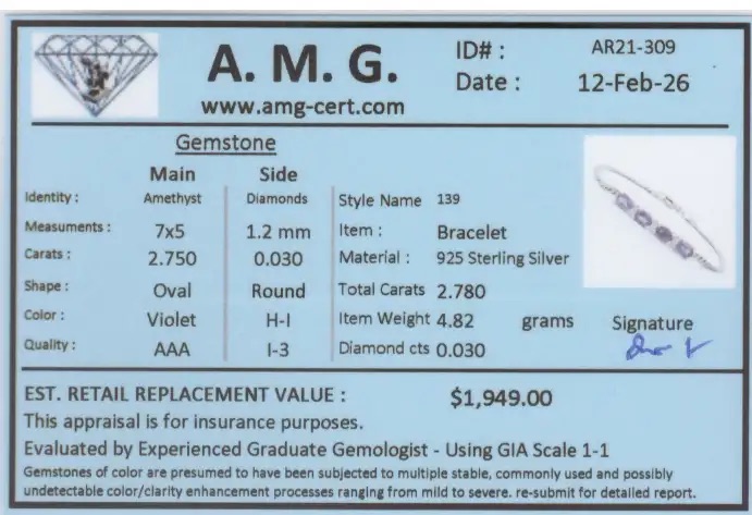 2.78 CTW Natural Amethyst & Diamonds Rhodium Plated Designer Bracelet Size 7.9 Inches | Estimated Value $1,949 (AMG) at PristineAuction.com 2.78 CTW Natural Amethyst & Diamonds Rhodium Plated Designer Bracelet Size 7.9 Inches | Estimated Value $1,949 (AMG) at PristineAuction.com