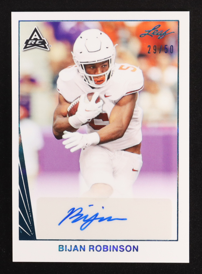 Bijan Robinson 2021 Leaf Autograph Teal #BA-BR1 #29/50 RC at PristineAuction.com Bijan Robinson 2021 Leaf Autograph Teal #BA-BR1 #29/50 RC at PristineAuction.com