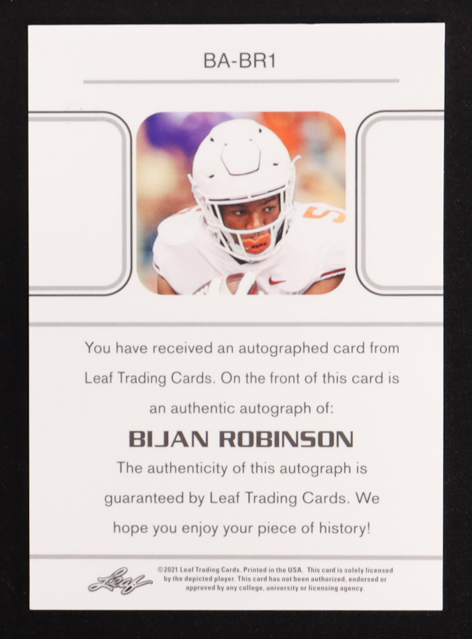 Bijan Robinson 2021 Leaf Autograph Teal #BA-BR1 #29/50 RC at PristineAuction.com Bijan Robinson 2021 Leaf Autograph Teal #BA-BR1 #29/50 RC at PristineAuction.com