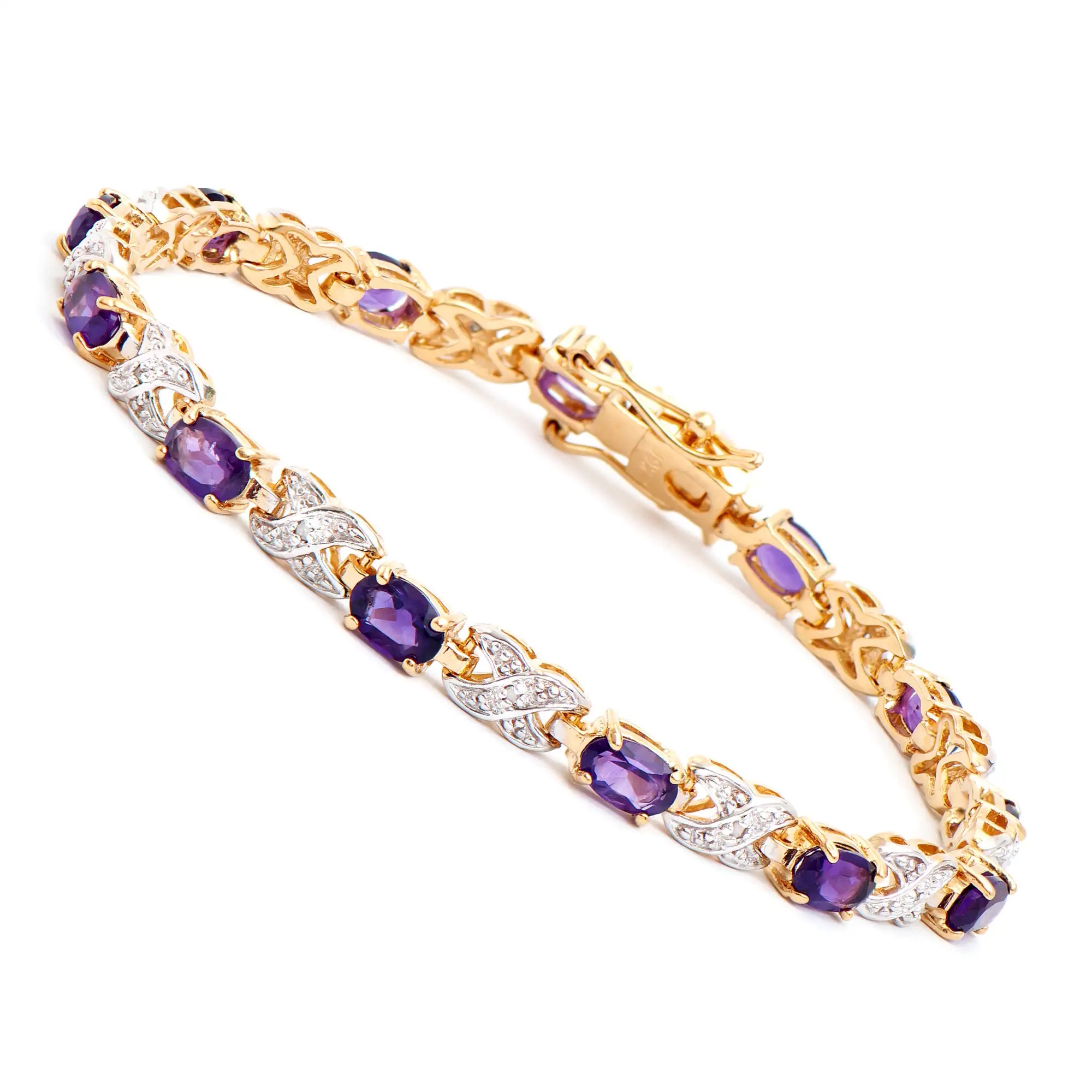 5.31 CTW Natural Amethyst & Diamonds 18K Gold Plated Designer Bracelet 7.5 Inches | Estimated Value $1,989 (AMG) at PristineAuction.com 5.31 CTW Natural Amethyst & Diamonds 18K Gold Plated Designer Bracelet 7.5 Inches | Estimated Value $1,989 (AMG) at PristineAuction.com