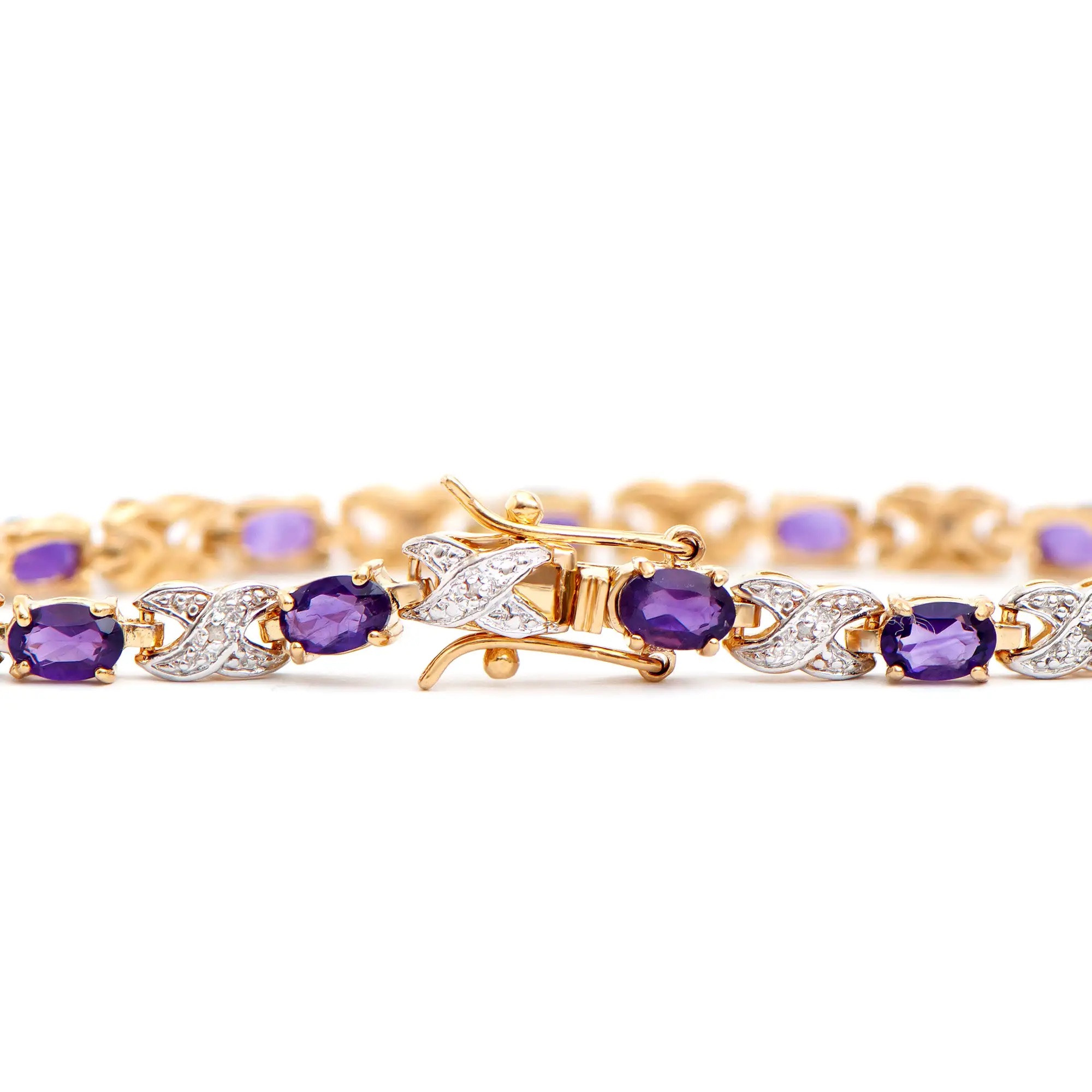 5.31 CTW Natural Amethyst & Diamonds 18K Gold Plated Designer Bracelet 7.5 Inches | Estimated Value $1,989 (AMG) at PristineAuction.com 5.31 CTW Natural Amethyst & Diamonds 18K Gold Plated Designer Bracelet 7.5 Inches | Estimated Value $1,989 (AMG) at PristineAuction.com