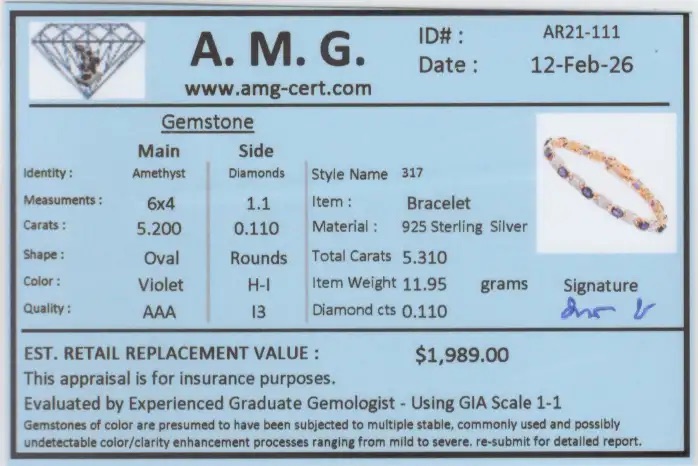 5.31 CTW Natural Amethyst & Diamonds 18K Gold Plated Designer Bracelet 7.5 Inches | Estimated Value $1,989 (AMG) at PristineAuction.com 5.31 CTW Natural Amethyst & Diamonds 18K Gold Plated Designer Bracelet 7.5 Inches | Estimated Value $1,989 (AMG) at PristineAuction.com