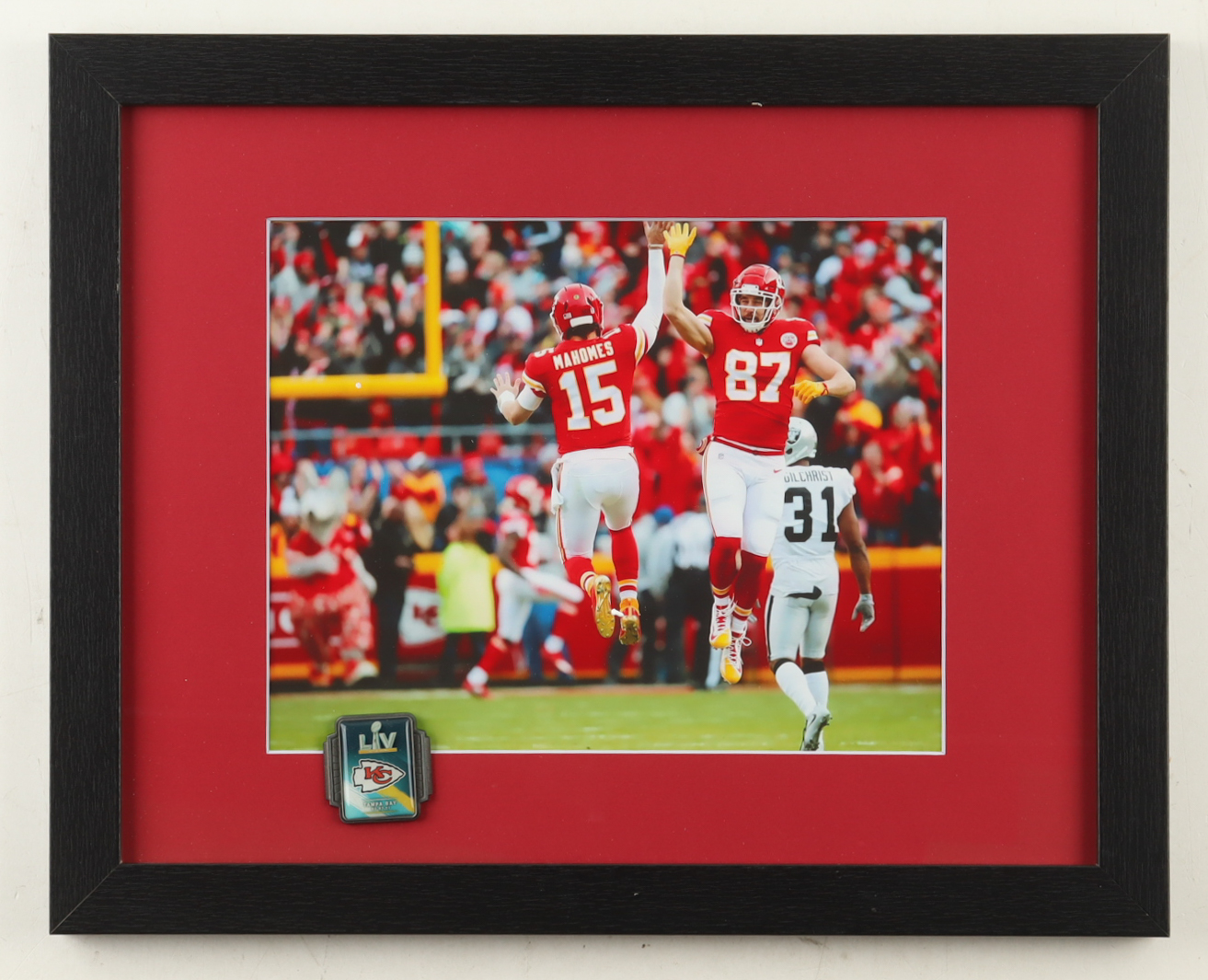 Patrick Mahomes & Travis Kelce Chiefs Custom Framed Photo Display with Super Bowl LIV Pin at PristineAuction.com Patrick Mahomes & Travis Kelce Chiefs Custom Framed Photo Display with Super Bowl LIV Pin at PristineAuction.com