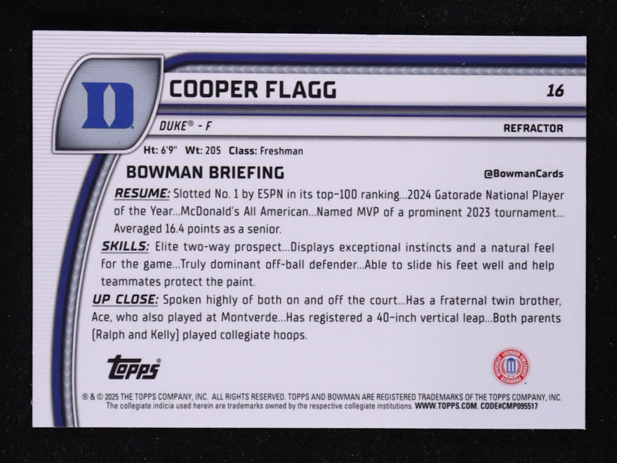 Cooper Flagg 2024-25 Bowman Chrome University Refractors #16 at PristineAuction.com Cooper Flagg 2024-25 Bowman Chrome University Refractors #16 at PristineAuction.com