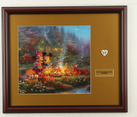 Thomas Kinkade "Mickey & Minnie Mouse by the Campfire" Custom Framed Print Display with Mickey & Minnie Mouse Heart Pin at PristineAuction.com