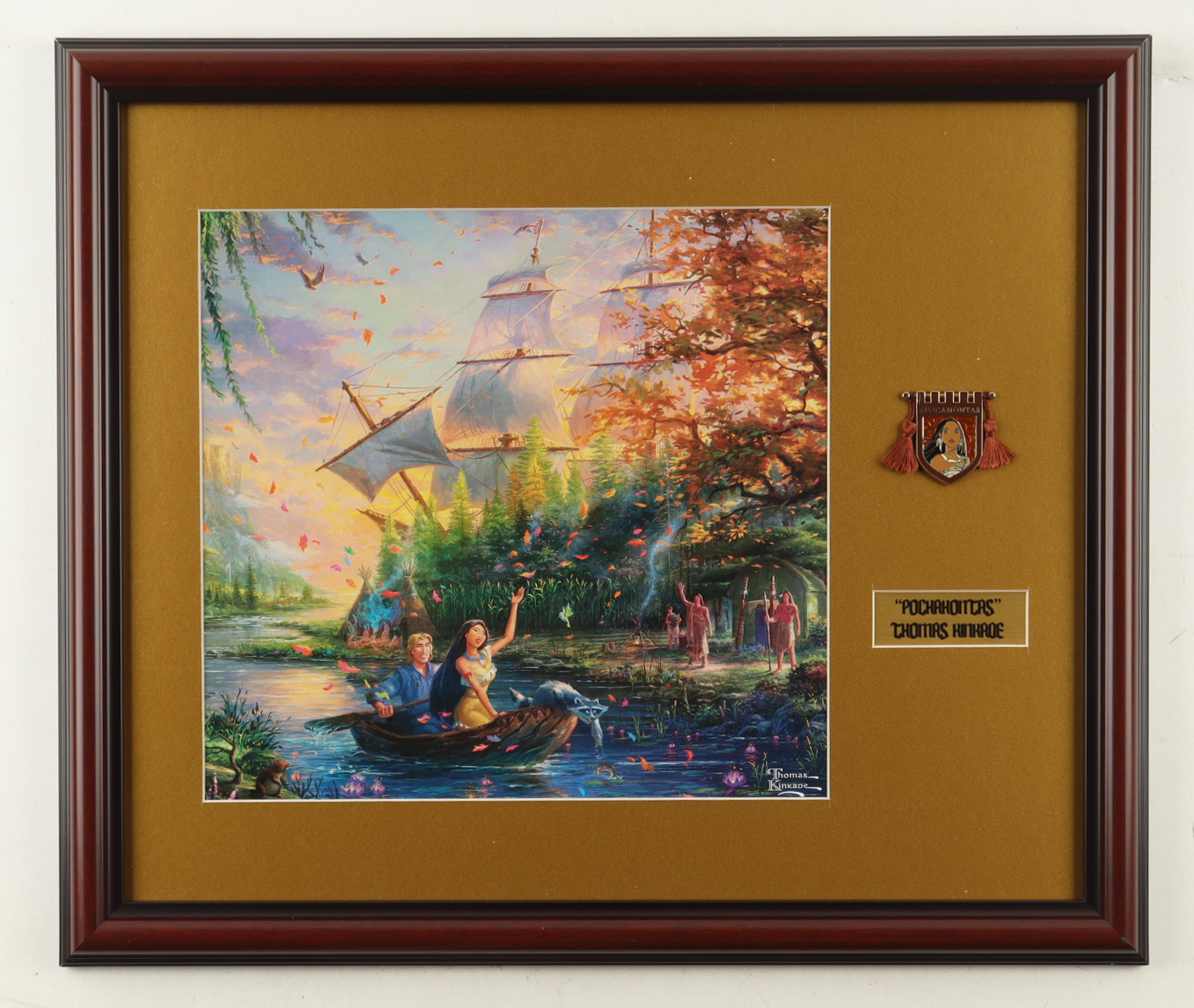 Thomas Kinkade "Pocahontas" Custom Framed Print Display with Stained Glass Pocahontas Pin at PristineAuction.com Thomas Kinkade "Pocahontas" Custom Framed Print Display with Stained Glass Pocahontas Pin at PristineAuction.com