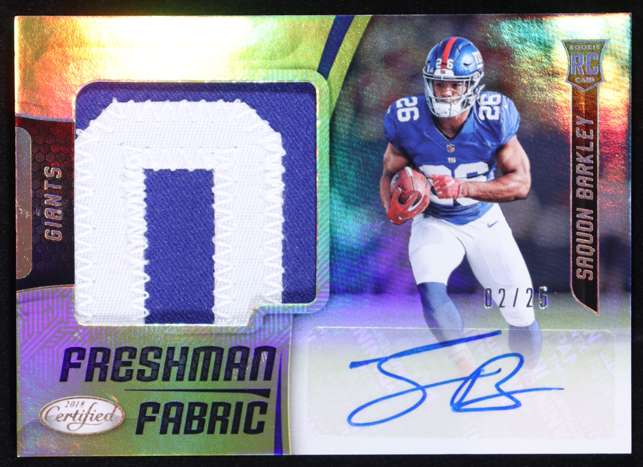 Saquon Barkley 2018 Certified Freshman Fabric Signatures Gold Etch #201 RC #02/25 at PristineAuction.com Saquon Barkley 2018 Certified Freshman Fabric Signatures Gold Etch #201 RC #02/25 at PristineAuction.com