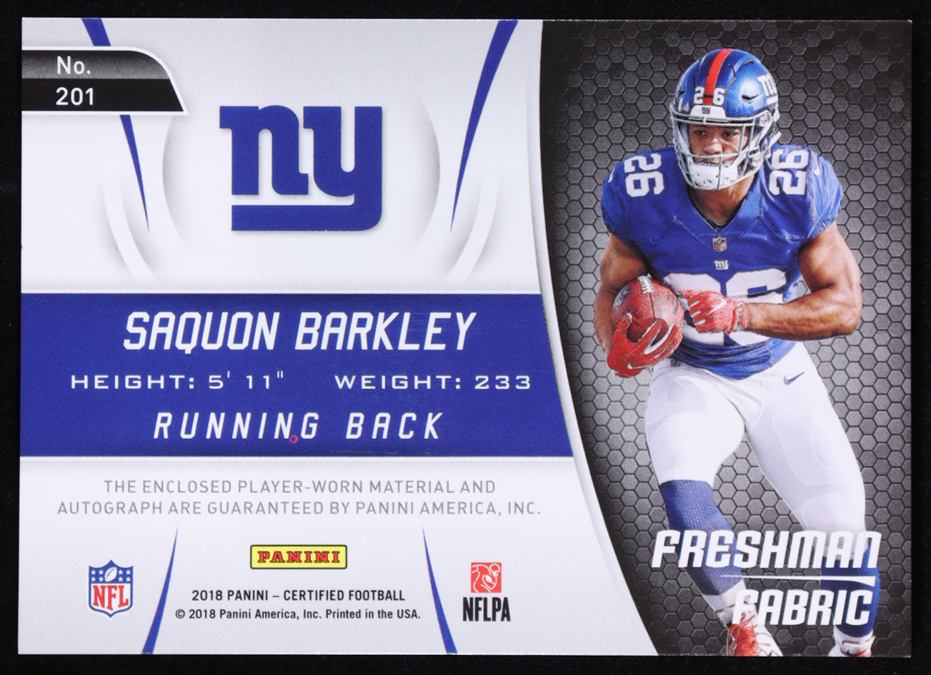 Saquon Barkley 2018 Certified Freshman Fabric Signatures Gold Etch #201 RC #02/25 at PristineAuction.com Saquon Barkley 2018 Certified Freshman Fabric Signatures Gold Etch #201 RC #02/25 at PristineAuction.com