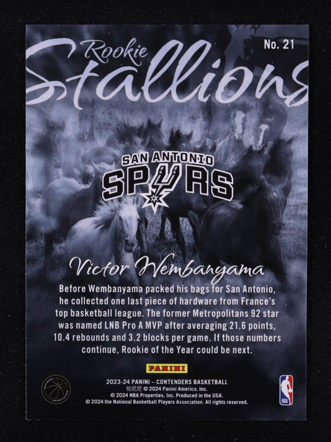 Victor Wembanyama 2023-24 Panini Contenders Rookie Stallions #21 RC at PristineAuction.com Victor Wembanyama 2023-24 Panini Contenders Rookie Stallions #21 RC at PristineAuction.com