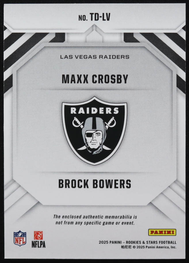 Brock Bowers / Maxx Crosby 2025 Rookies and Stars Team Dual Jerseys #12 RC at PristineAuction.com Brock Bowers / Maxx Crosby 2025 Rookies and Stars Team Dual Jerseys #12 RC at PristineAuction.com