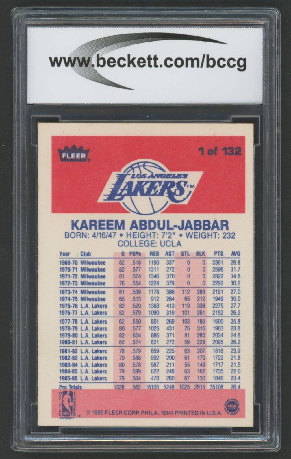Kareem Abdul-Jabbar 1986-87 Fleer #1 (BCCG 8) at PristineAuction.com Kareem Abdul-Jabbar 1986-87 Fleer #1 (BCCG 8) at PristineAuction.com