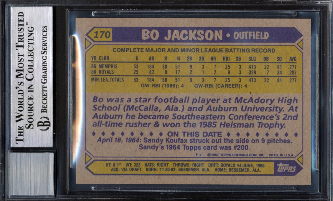 Bo Jackson Signed 1987 Topps #170 RC (BGS | Autograph Graded 9) at PristineAuction.com Bo Jackson Signed 1987 Topps #170 RC (BGS | Autograph Graded 9) at PristineAuction.com