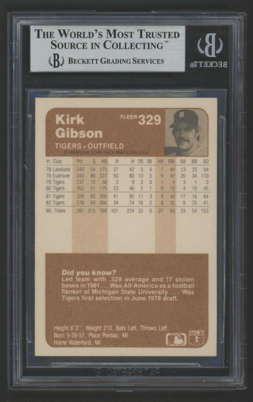 Kirk Gibson Signed 1983 Fleer #329 (BGS) at PristineAuction.com Kirk Gibson Signed 1983 Fleer #329 (BGS) at PristineAuction.com