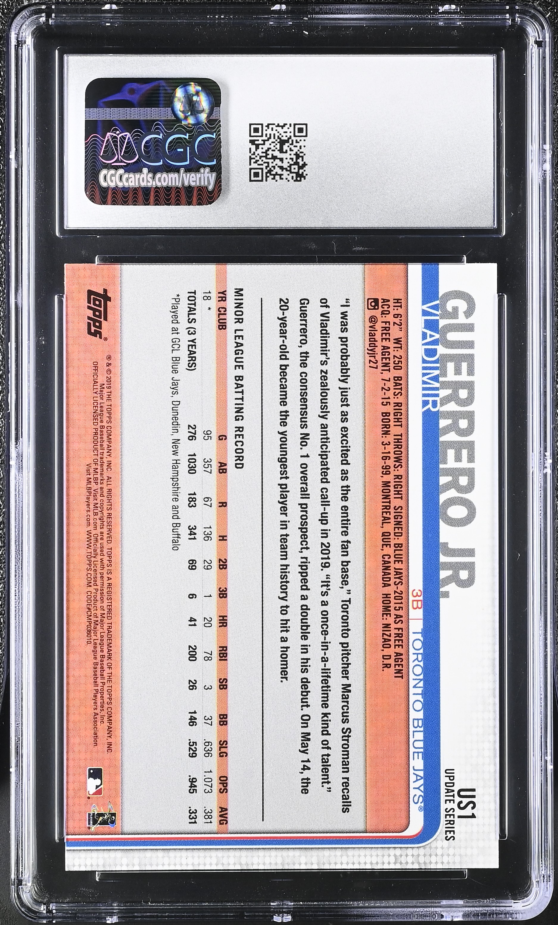 Vladimir Guerrero Jr. 2019 Topps Update 150th Anniversary #US1 RC (CGC 10) at PristineAuction.com Vladimir Guerrero Jr. 2019 Topps Update 150th Anniversary #US1 RC (CGC 10) at PristineAuction.com