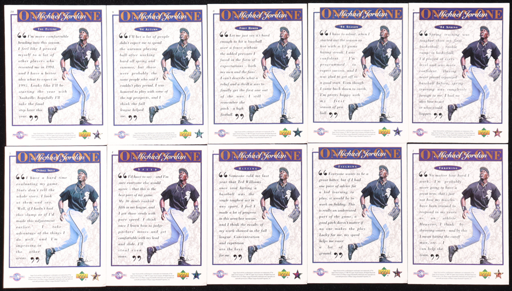 1995 Upper Deck Minors Michael Jordan One On One Complete Set of (10) Cards with Michael Jordan #1, Michael Jordan #2, Michael Jordan #3, Michael Jordan #4 at PristineAuction.com 1995 Upper Deck Minors Michael Jordan One On One Complete Set of (10) Cards with Michael Jordan #1, Michael Jordan #2, Michael Jordan #3, Michael Jordan #4 at PristineAuction.com