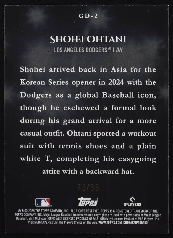 Shohei Ohtani 2025 Topps Celebration Gameday Drip Green #GD2 #78/99 at PristineAuction.com Shohei Ohtani 2025 Topps Celebration Gameday Drip Green #GD2 #78/99 at PristineAuction.com