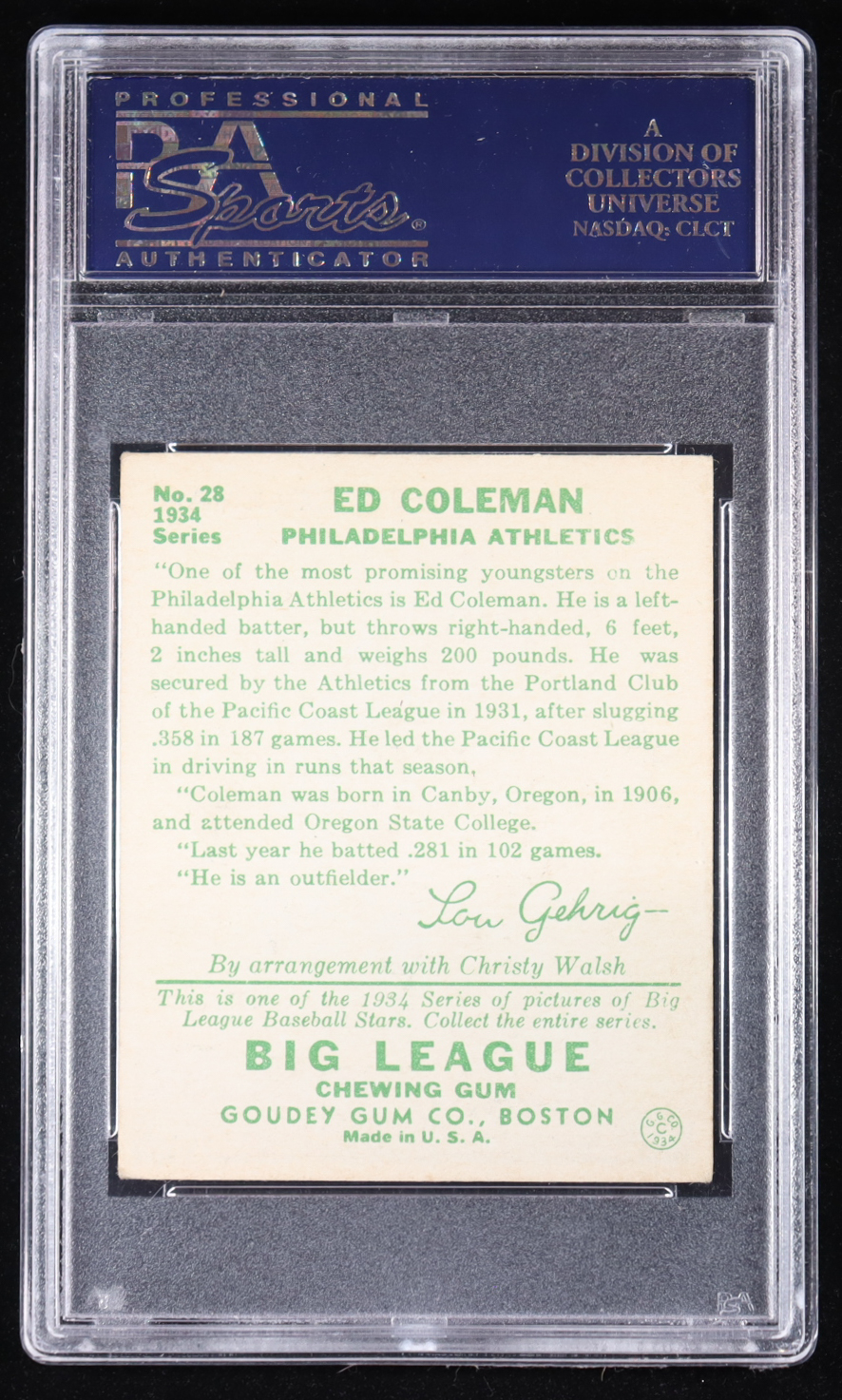 Ed Coleman 1934 Goudey #28 RC (PSA 4) at PristineAuction.com Ed Coleman 1934 Goudey #28 RC (PSA 4) at PristineAuction.com