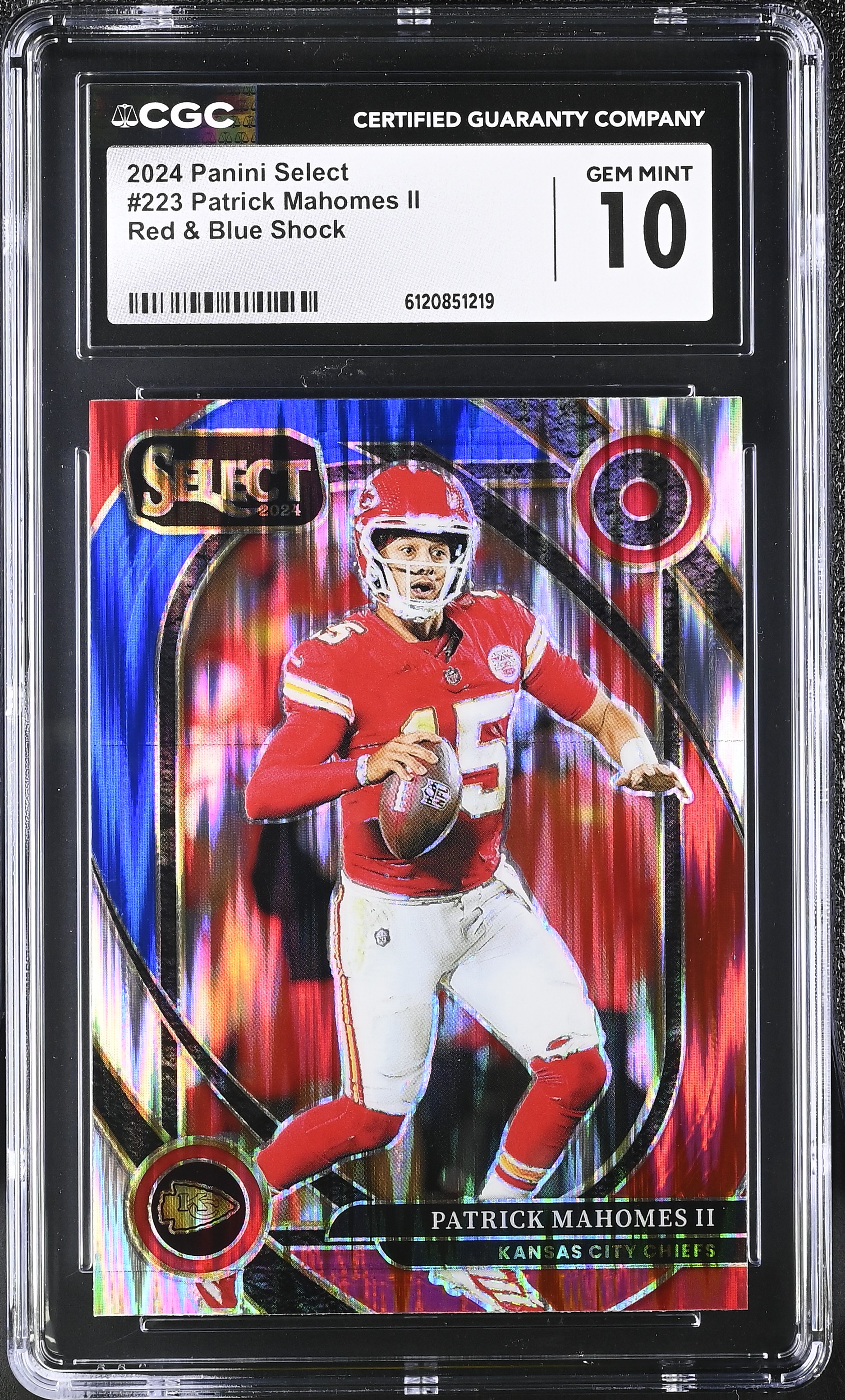 Patrick Mahomes II 2024 Panini Select Red & Blue Shock #223 (CGC 10) at PristineAuction.com Patrick Mahomes II 2024 Panini Select Red & Blue Shock #223 (CGC 10) at PristineAuction.com