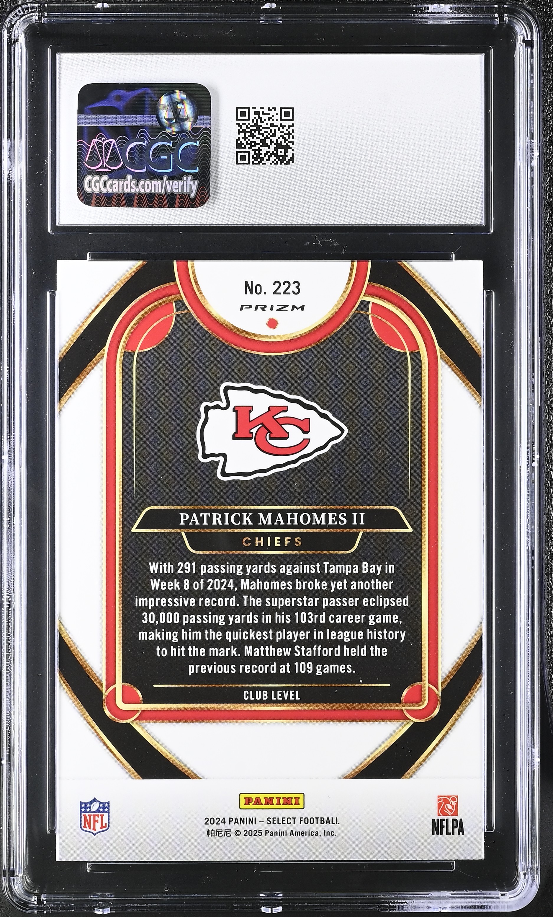 Patrick Mahomes II 2024 Panini Select Red & Blue Shock #223 (CGC 10) at PristineAuction.com Patrick Mahomes II 2024 Panini Select Red & Blue Shock #223 (CGC 10) at PristineAuction.com