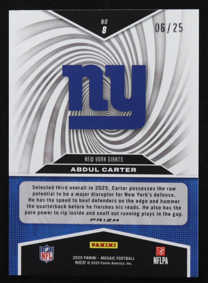 Abdul Carter 2025 Panini Mosaic Storm Mosaic White #8 RC #06/25 at PristineAuction.com Abdul Carter 2025 Panini Mosaic Storm Mosaic White #8 RC #06/25 at PristineAuction.com