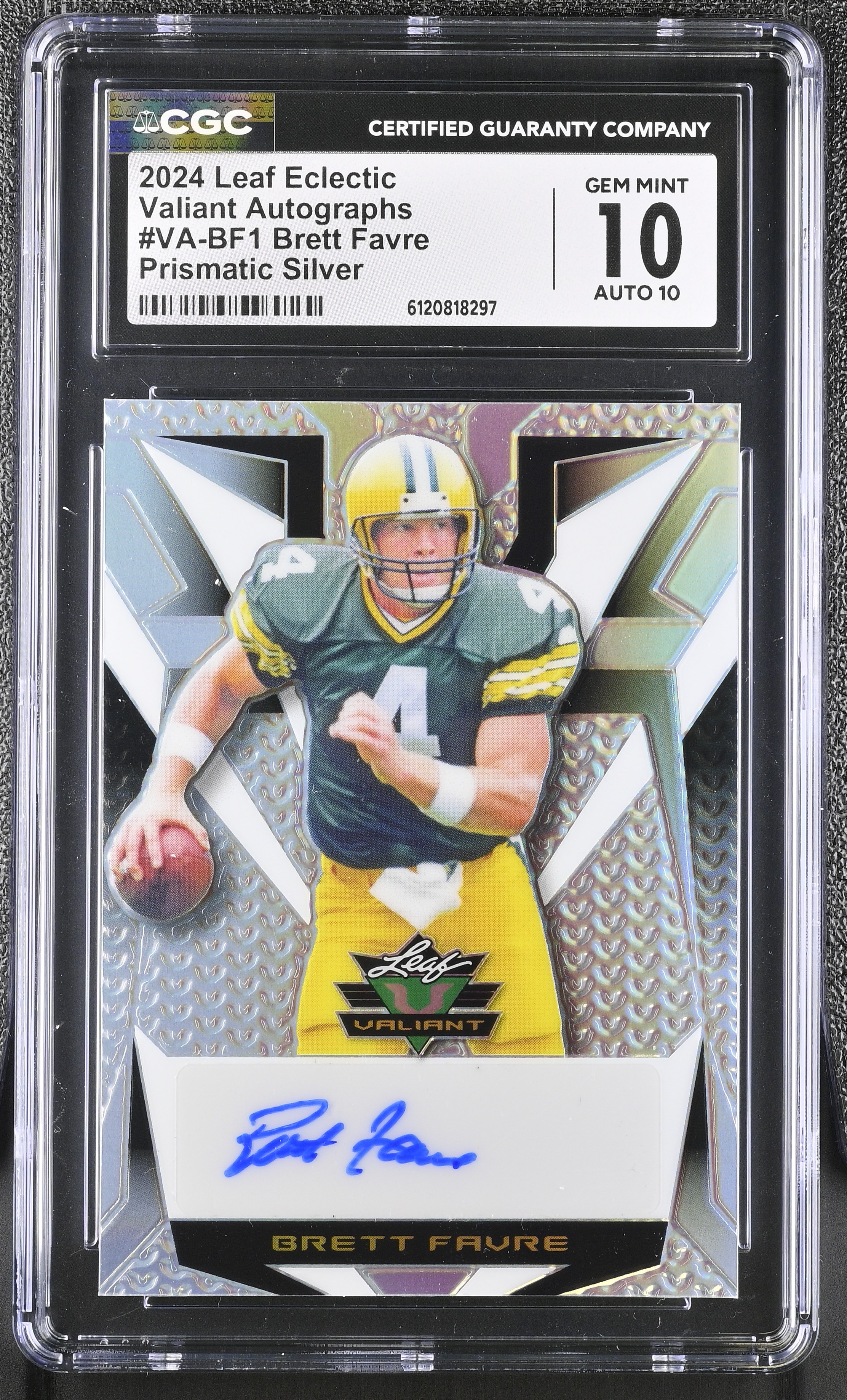Brett Favre 2024 Leaf Eclectic Valiant Autographs Prismatic Silver #VA-BF1 #2/3 (CGC 10 | Autograph Grade CGC 10) at PristineAuction.com Brett Favre 2024 Leaf Eclectic Valiant Autographs Prismatic Silver #VA-BF1 #2/3 (CGC 10 | Autograph Grade CGC 10) at PristineAuction.com