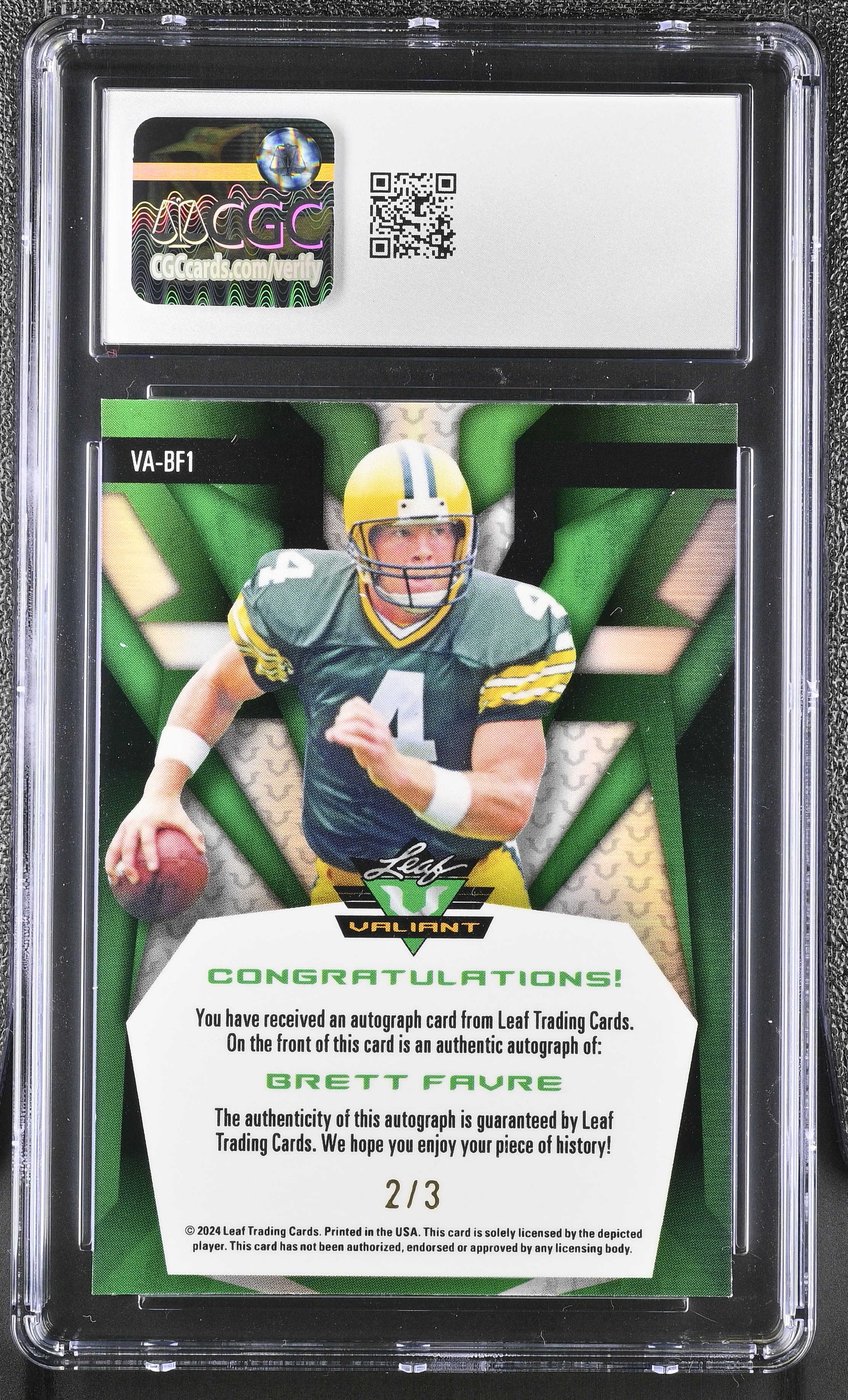 Brett Favre 2024 Leaf Eclectic Valiant Autographs Prismatic Silver #VA-BF1 #2/3 (CGC 10 | Autograph Grade CGC 10) at PristineAuction.com Brett Favre 2024 Leaf Eclectic Valiant Autographs Prismatic Silver #VA-BF1 #2/3 (CGC 10 | Autograph Grade CGC 10) at PristineAuction.com