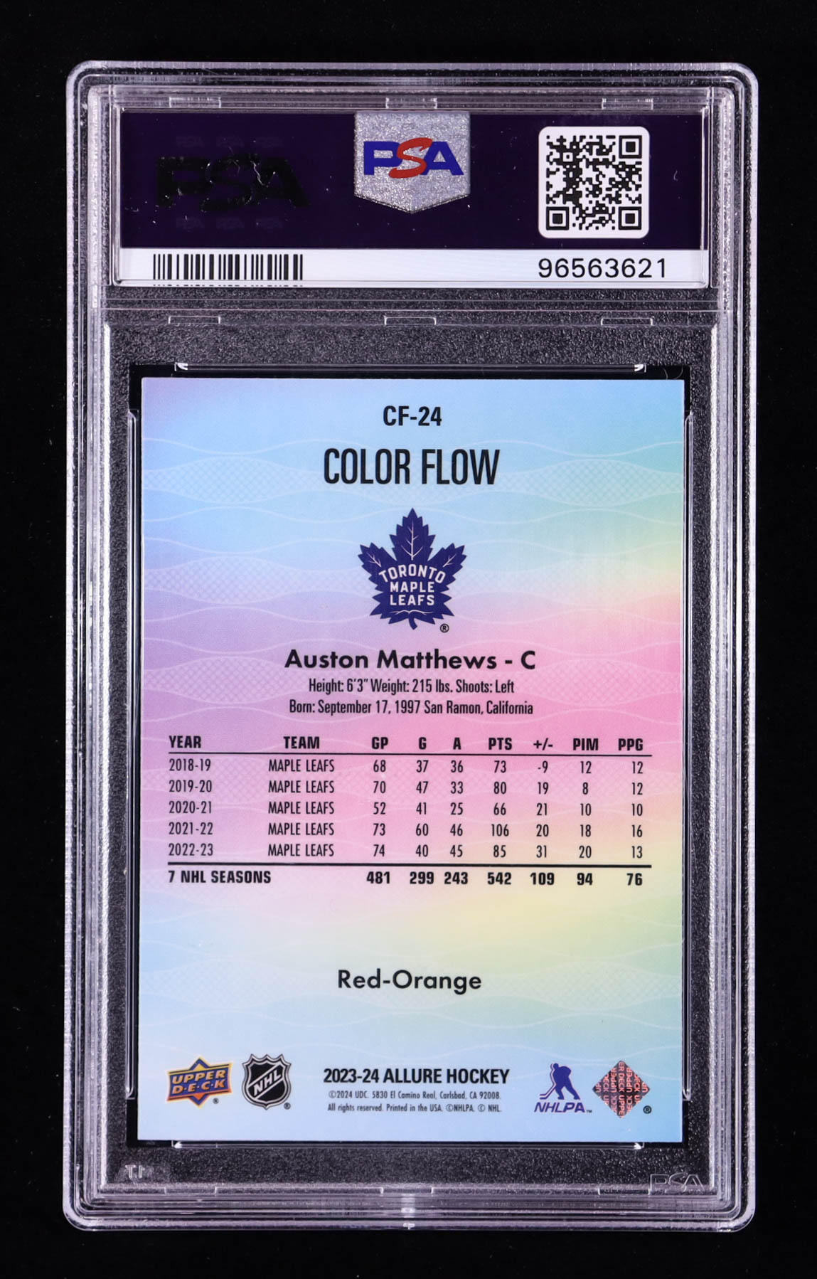 Auston Matthews 2023-24 Upper Deck Allure Color Flow Red Orange #CF24 (PSA 10) at PristineAuction.com Auston Matthews 2023-24 Upper Deck Allure Color Flow Red Orange #CF24 (PSA 10) at PristineAuction.com