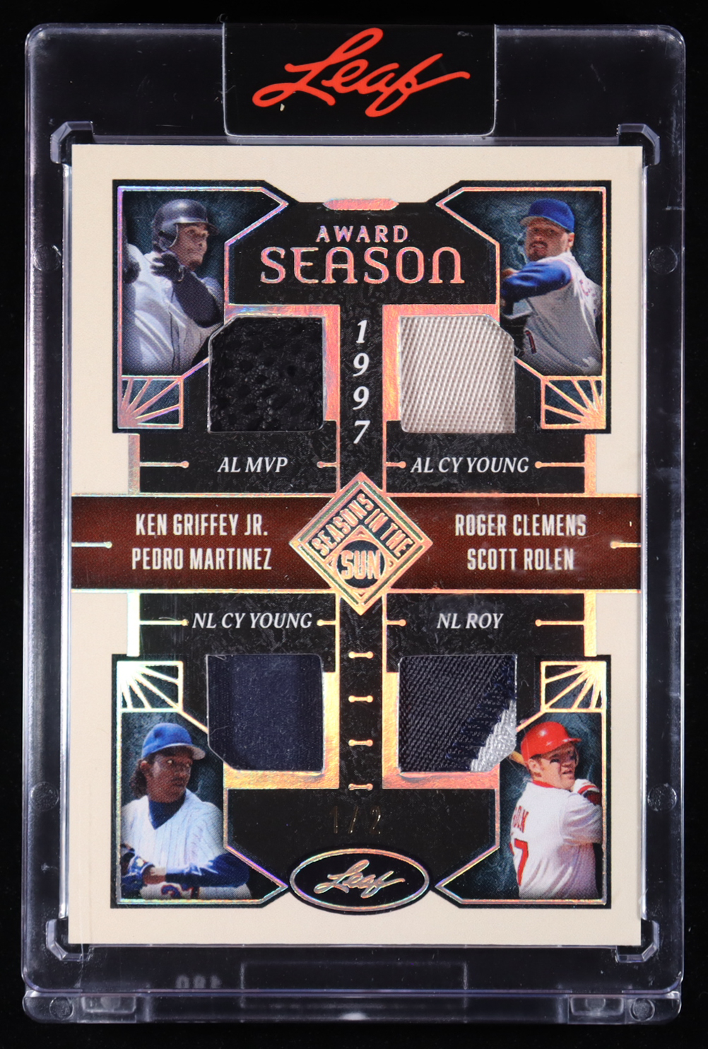 Ken Griffey Jr. / Pedro Martinez / Roger Clemens / Scott Rolen 2025 Leaf Seasons In The Sun Award Season '97 Game-Used Memorabilia Silver Holofoil #AS9 #1/2 at PristineAuction.com Ken Griffey Jr. / Pedro Martinez / Roger Clemens / Scott Rolen 2025 Leaf Seasons In The Sun Award Season '97 Game-Used Memorabilia Silver Holofoil #AS9 #1/2 at PristineAuction.com