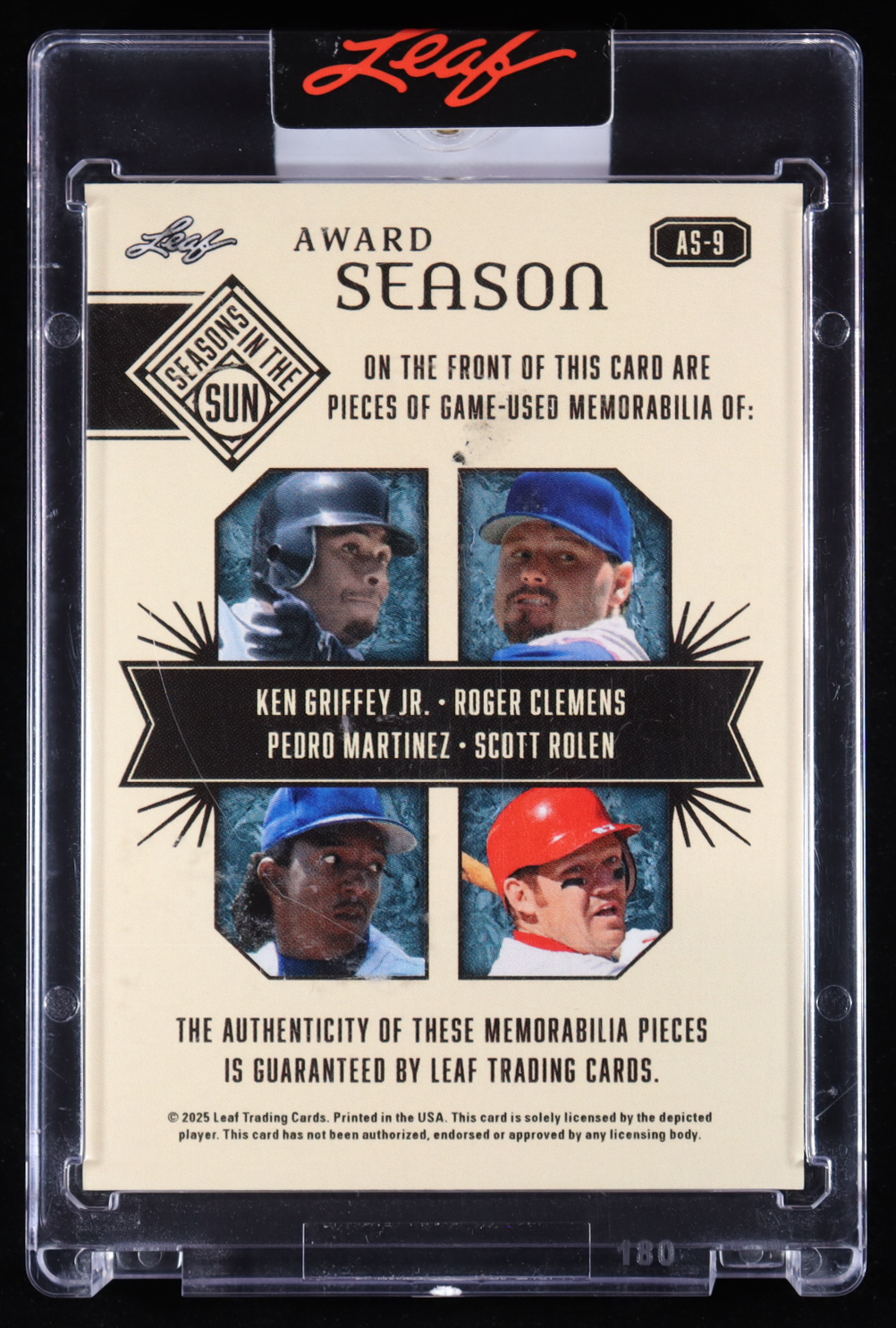 Ken Griffey Jr. / Pedro Martinez / Roger Clemens / Scott Rolen 2025 Leaf Seasons In The Sun Award Season '97 Game-Used Memorabilia Silver Holofoil #AS9 #1/2 at PristineAuction.com Ken Griffey Jr. / Pedro Martinez / Roger Clemens / Scott Rolen 2025 Leaf Seasons In The Sun Award Season '97 Game-Used Memorabilia Silver Holofoil #AS9 #1/2 at PristineAuction.com