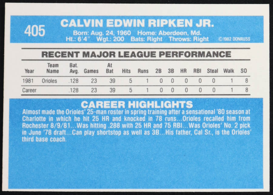 Cal Ripken Jr. 1982 Donruss #405 RC at PristineAuction.com Cal Ripken Jr. 1982 Donruss #405 RC at PristineAuction.com