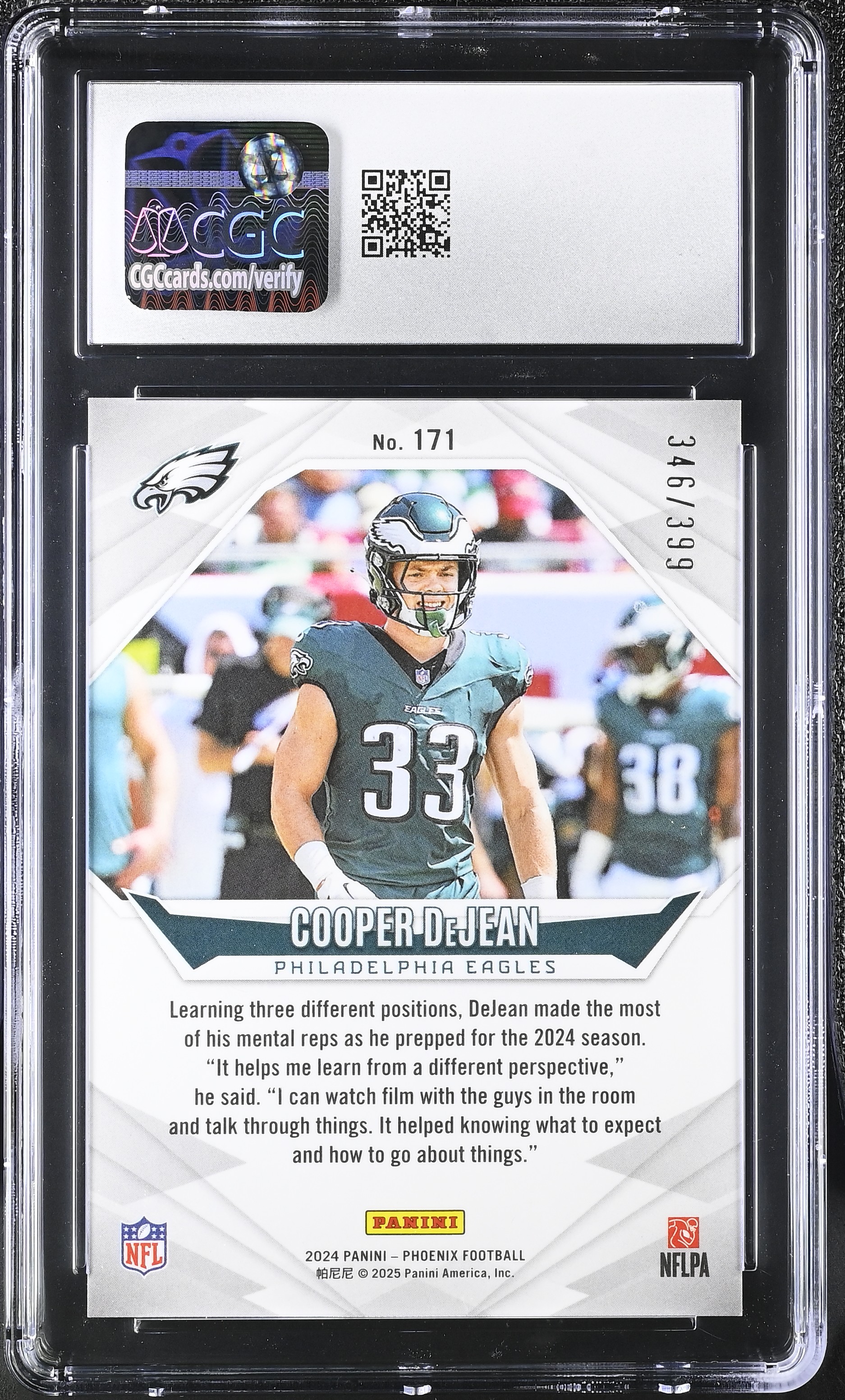 Cooper DeJean 2024 Panini Phoenix Team Helmet #171 #346/399 RC (CGC 9.5) at PristineAuction.com Cooper DeJean 2024 Panini Phoenix Team Helmet #171 #346/399 RC (CGC 9.5) at PristineAuction.com