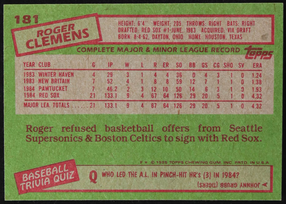 Roger Clemens 1985 Topps #181 RC at PristineAuction.com Roger Clemens 1985 Topps #181 RC at PristineAuction.com
