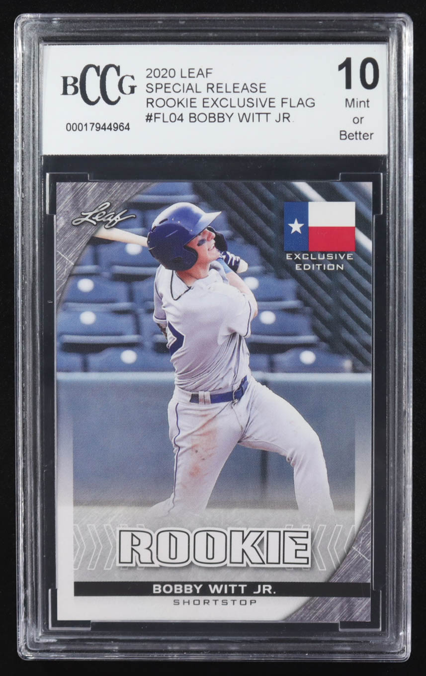 Bobby Witt Jr. 2020 Leaf Special Release Rookie Exclusive Flag #FL04 RC (BCCG 10) at PristineAuction.com Bobby Witt Jr. 2020 Leaf Special Release Rookie Exclusive Flag #FL04 RC (BCCG 10) at PristineAuction.com