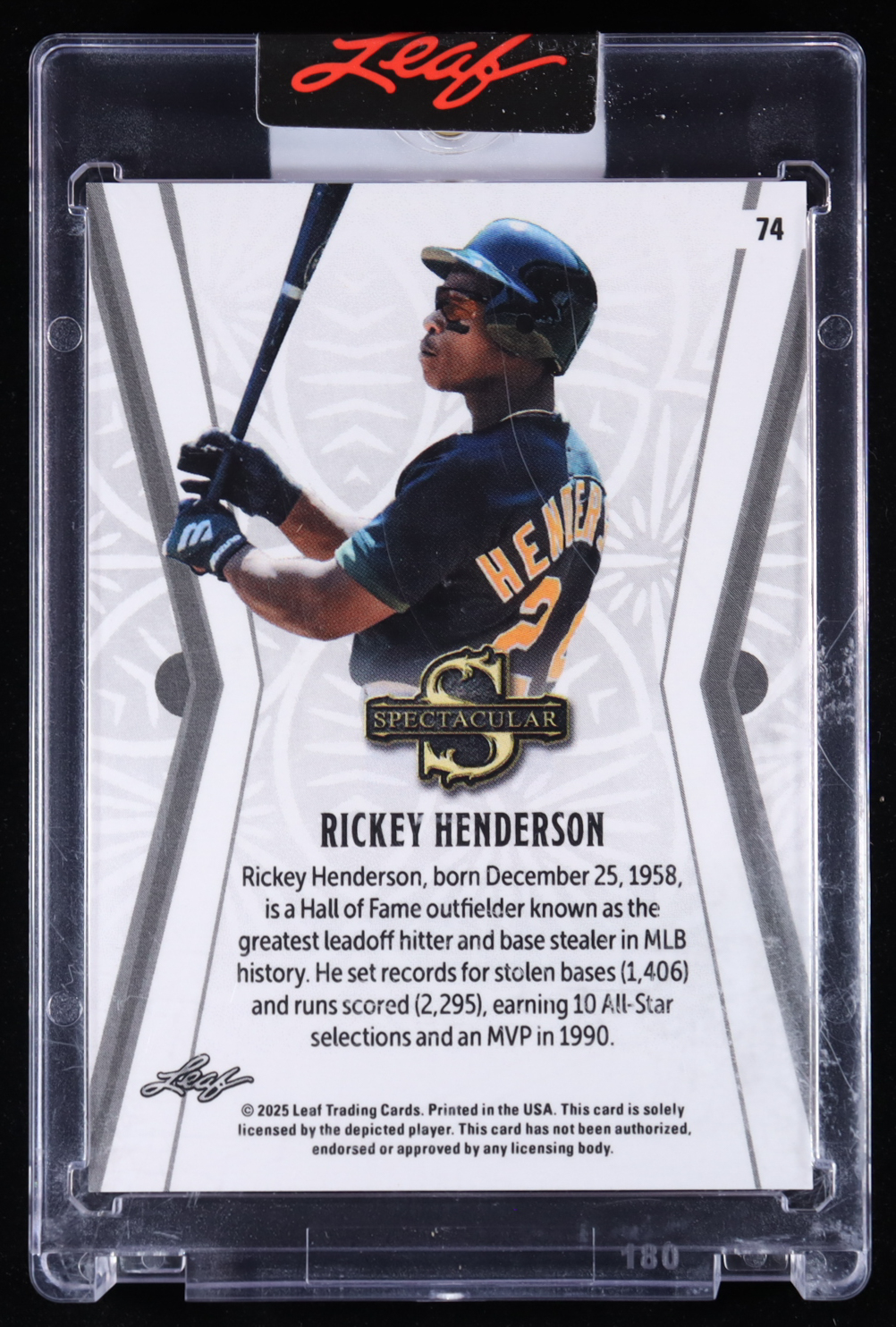 Rickey Henderson 2025 Leaf Spectacular Black Holofoil #74 #1/1 at PristineAuction.com Rickey Henderson 2025 Leaf Spectacular Black Holofoil #74 #1/1 at PristineAuction.com