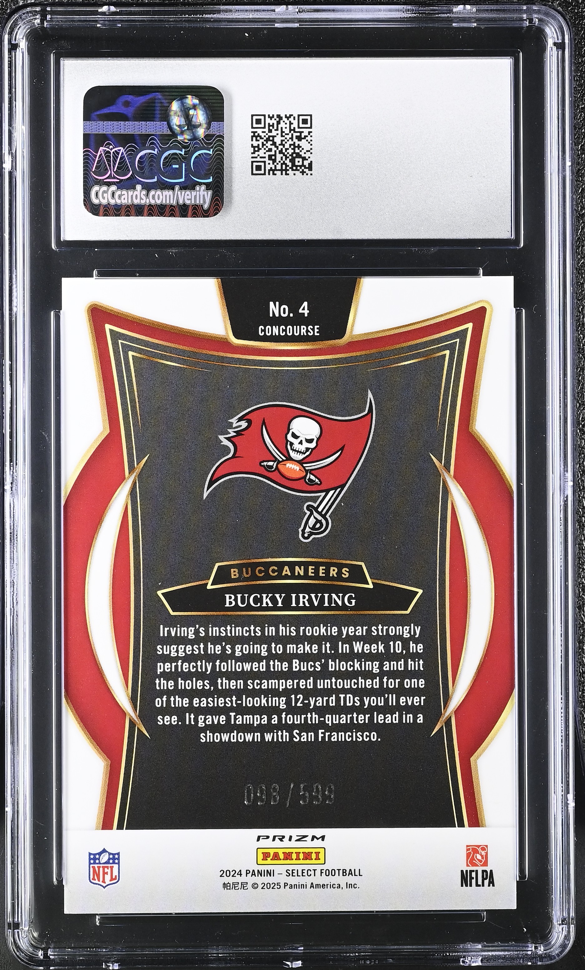 Bucky Irving 2024 Panini Select Neon Green Shock #4 #098/599 RC (CGC 9.5) at PristineAuction.com Bucky Irving 2024 Panini Select Neon Green Shock #4 #098/599 RC (CGC 9.5) at PristineAuction.com