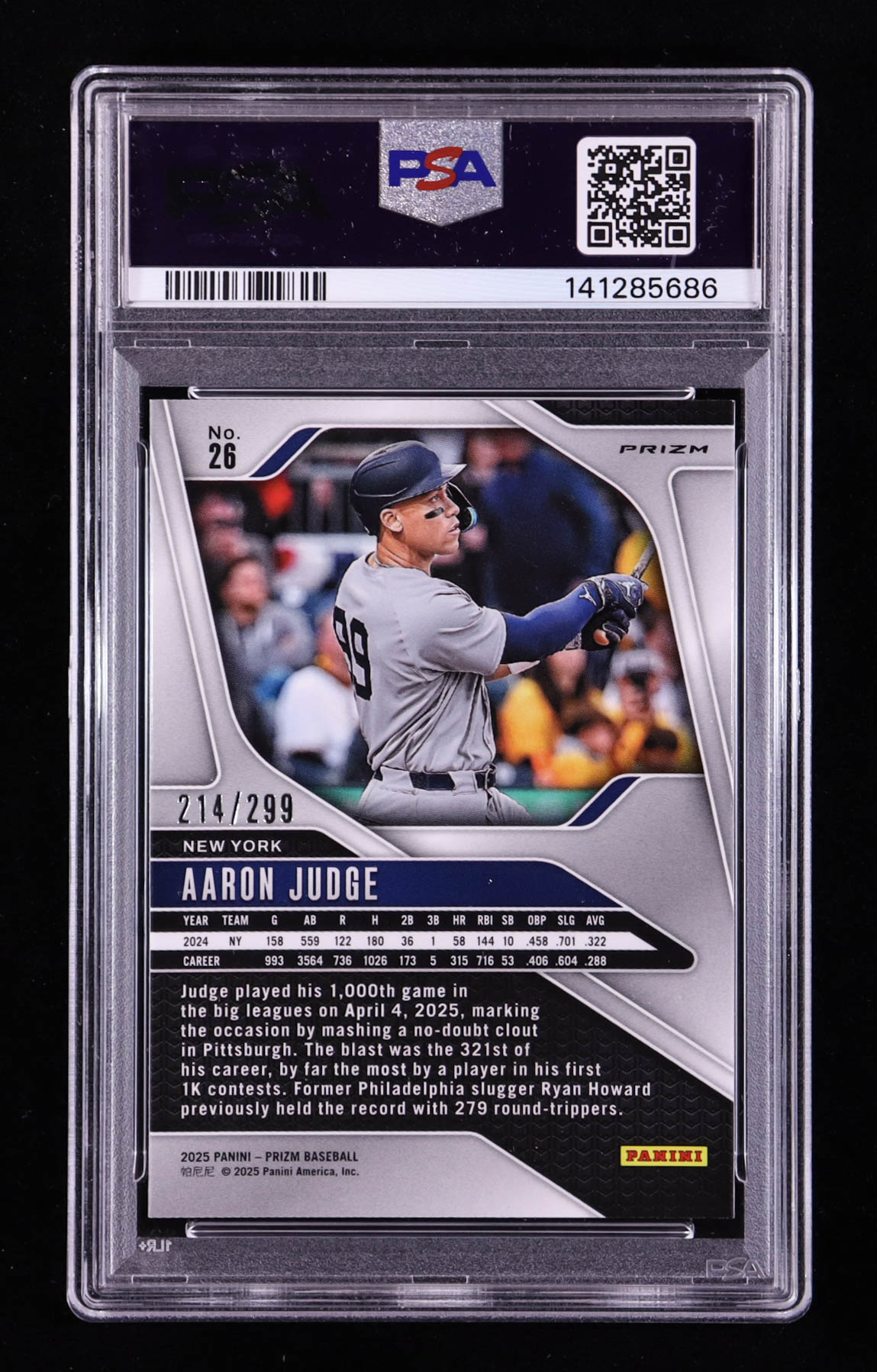 Aaron Judge 2025 Panini Prizm Prizms Red #26 #214/299 (PSA 9) at PristineAuction.com Aaron Judge 2025 Panini Prizm Prizms Red #26 #214/299 (PSA 9) at PristineAuction.com