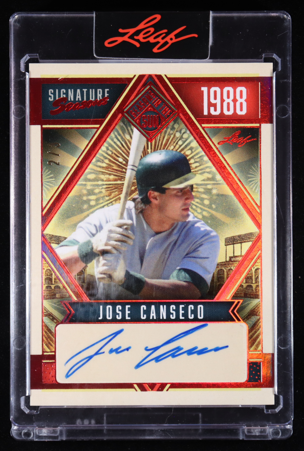 Jose Canseco 2025 Leaf Seasons In The Sun Signature Seasons Autographs Spectrum Red #SSEJC1 #2/3 at PristineAuction.com Jose Canseco 2025 Leaf Seasons In The Sun Signature Seasons Autographs Spectrum Red #SSEJC1 #2/3 at PristineAuction.com