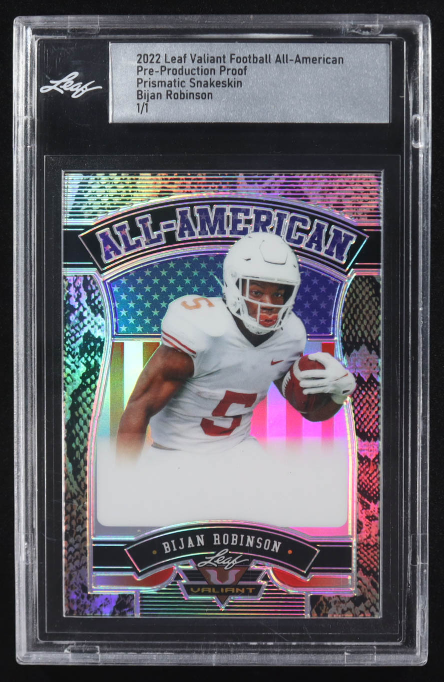 Bijan Robinson 2022 Leaf Valiant Football All-American Pre-Production Proof Prismatic Snakeskin #NN #1/1 RC (Leaf) at PristineAuction.com Bijan Robinson 2022 Leaf Valiant Football All-American Pre-Production Proof Prismatic Snakeskin #NN #1/1 RC (Leaf) at PristineAuction.com