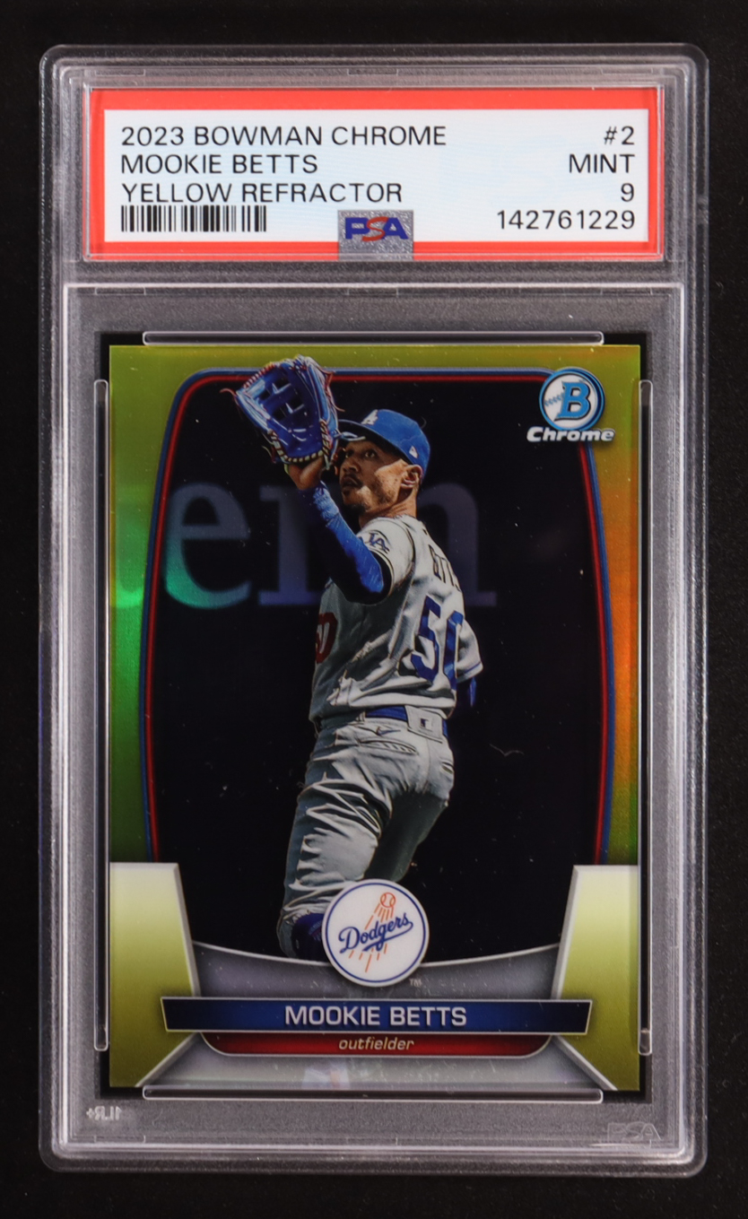 Mookie Betts 2023 Bowman Chrome Yellow Refractors #2 #58/75 (PSA 9) at PristineAuction.com Mookie Betts 2023 Bowman Chrome Yellow Refractors #2 #58/75 (PSA 9) at PristineAuction.com