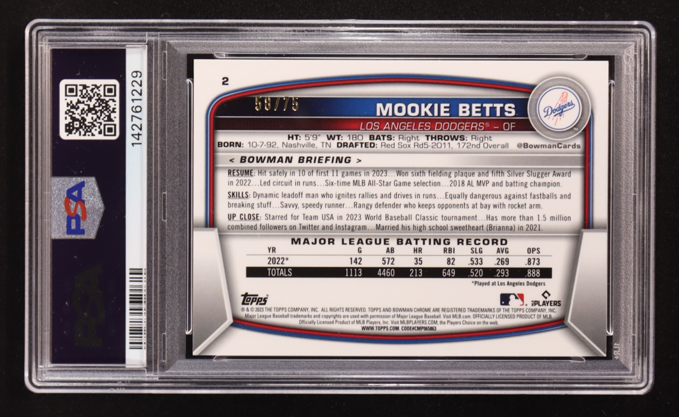 Mookie Betts 2023 Bowman Chrome Yellow Refractors #2 #58/75 (PSA 9) at PristineAuction.com Mookie Betts 2023 Bowman Chrome Yellow Refractors #2 #58/75 (PSA 9) at PristineAuction.com