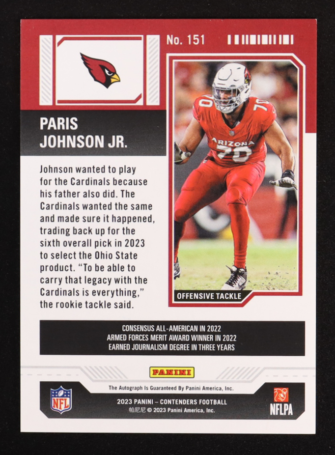 Paris Johnson Jr. 2023 Panini Contenders Rookie Ticket #151 AU RC at PristineAuction.com Paris Johnson Jr. 2023 Panini Contenders Rookie Ticket #151 AU RC at PristineAuction.com